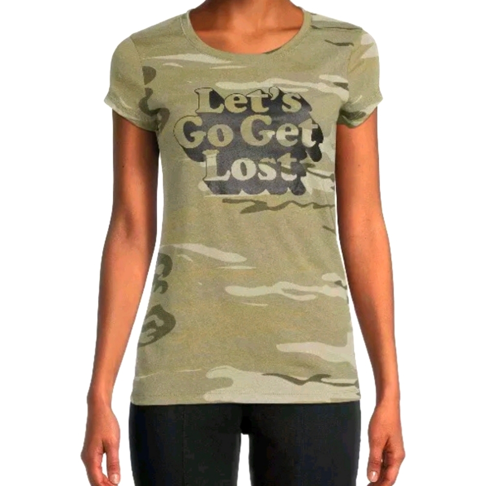 Wound Up NWT Junior Plus "Let's Go Get Lost" Camo Short Sleeve Graphic Tee 780